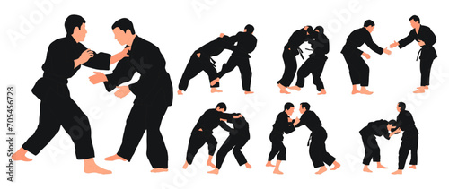 Line sketch judoist, judoka, athlete duel, fight, judo, sport figure, isolated vector