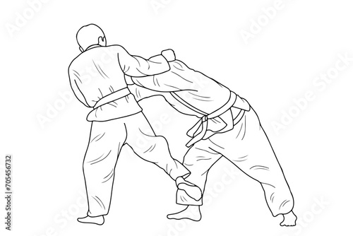 Line drawing of two young sportive judoka fighter. Judoist, judoka, athlete, duel, fight, judo