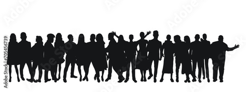 Black silhouette of young couples of guys and girls, crowd, group, team, band, isolated vector