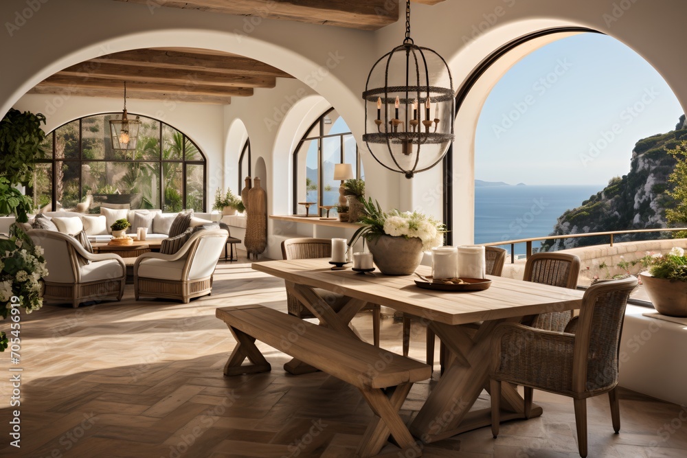 Naklejka premium Elegant Mediterranean Dining Room With Ocean View