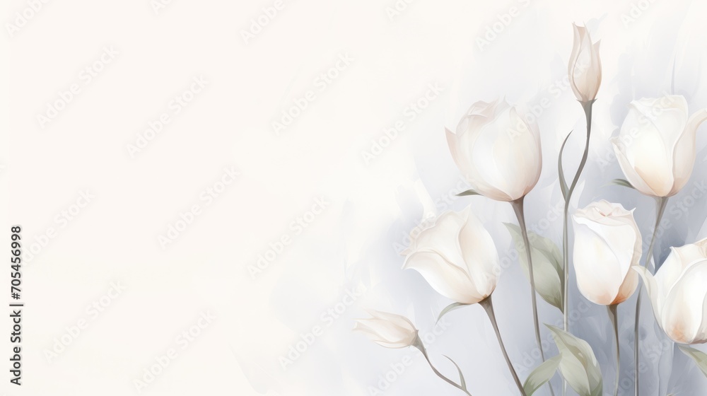 White rosebuds flowers in watercolor background, card background frame, clipart for greeting cards, save the date, copy space. Perfect concept for wedding, Mother's Day, Valentine's Day, 8 March.