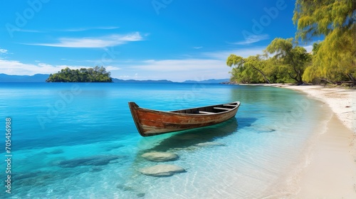 Wooden boat on a tropical beach with crystal clear water © duyina1990