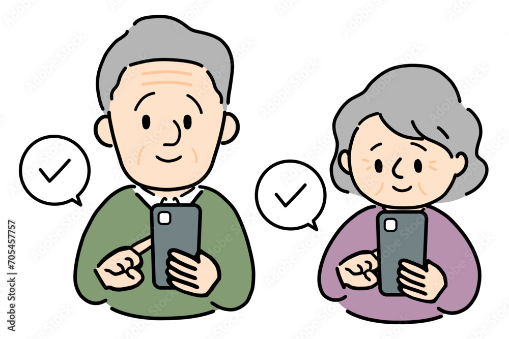 スマホをチェックするシニアの男女 スマホをチェックするシニアの男女