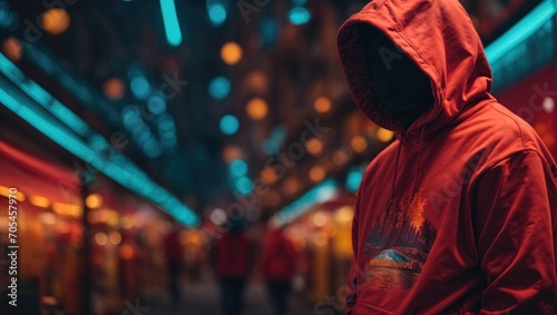 A man in a red hooded sweatshirt of the night city
