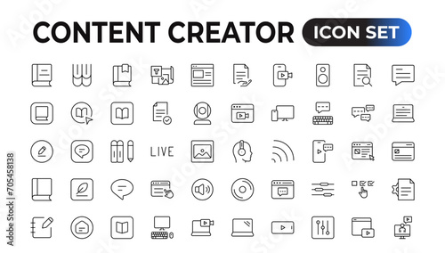 Set of outline icons related to content creation, media. Linear icon collection. Editable stroke. Vector illustration photo