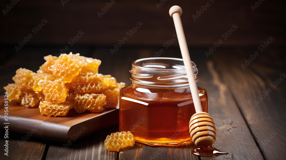 Honeycomb and honey dipper on a table. Honeycomb and honey dipper on a table.