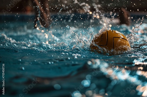 : A close-up of a water polo ball being thrown into the goal, with splashes of water suspended in the air. The players' movements are blurred, emphasizing the speed and kinetic energy in this intense © Usman