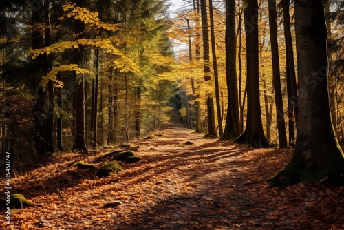 Sunlit path through the autumn forest