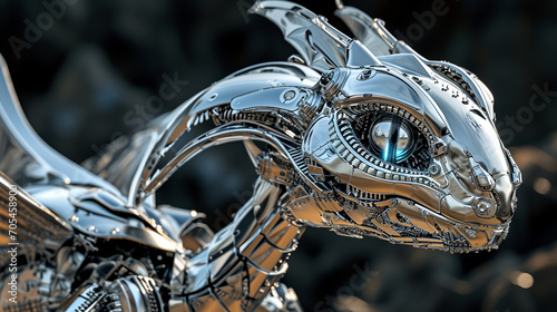 A chrome robotic dragon with big eyes. Generative AI