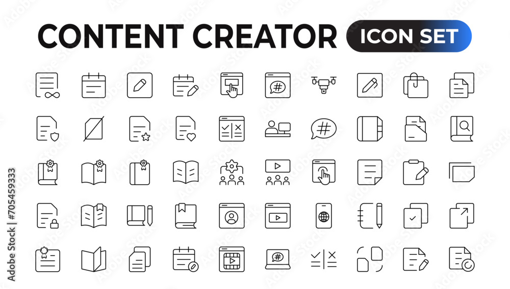 Set of outline icons related to content creation, media. Linear icon collection. Editable stroke. Vector illustration