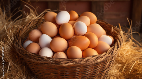 Chicken eggs in the basket at the farm.
