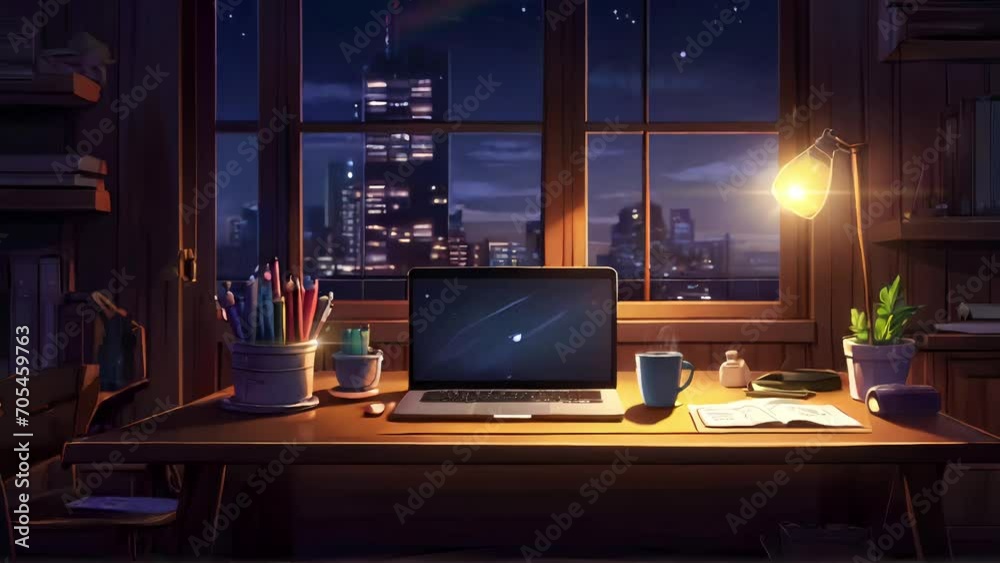 Animated illustration of a study desk on a cold evening, with an urban background. Suitable for educational and school themes. Background animation.