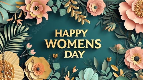 Happy Women's day floral decorations in paper art style. Ai generative photo