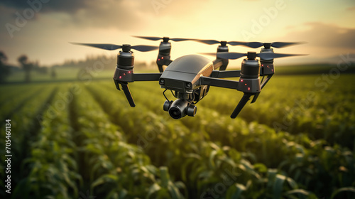 Quadcopter drone flying over a farm.