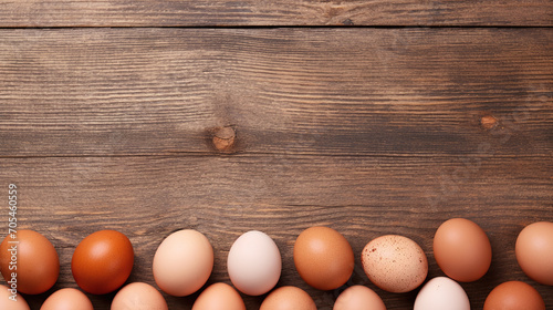 Top view of chicken eggs on wooden table with copy space.