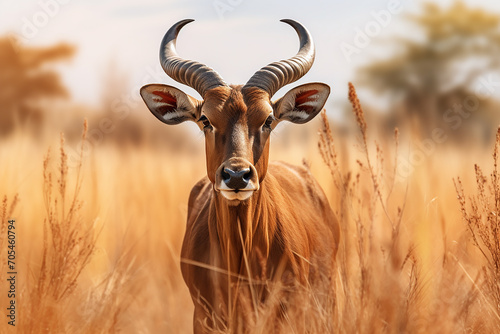 Generative AI Image of Horned Bull Animal with Prairie in African Savanna