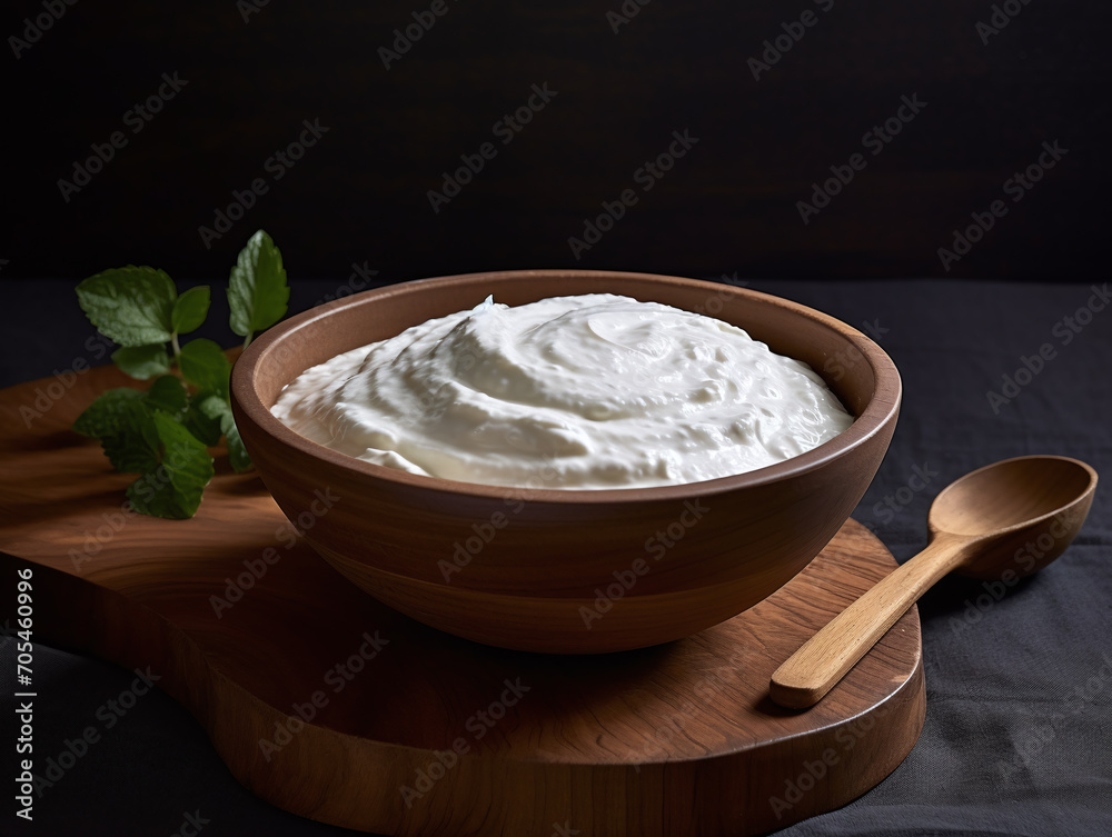 Yogurt in a wooden bowl.