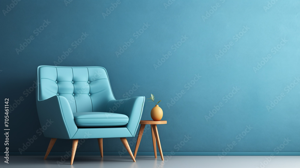 Modern blue armchair. Blue wall with copy space. Modern blue armchair. Blue wall with copy space.
