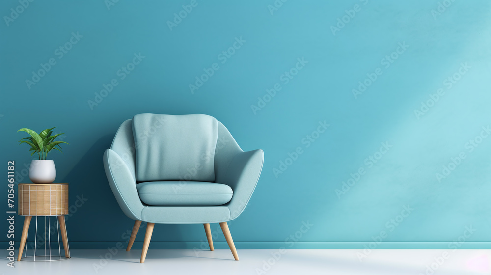 Fototapeta premium Modern blue armchair. Blue wall with copy space.