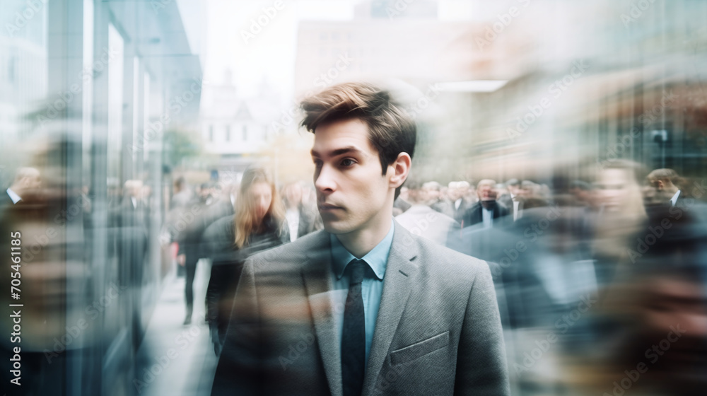 A young man in stressed or depressed state against the backdrop of moving people along a city street. Mental health A young man in stressed or depressed state against the backdrop of moving people along a city street. Mental health