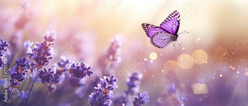 Morning panaromic view of flying butterfly over a blooming  lavender. © Shanorsila
