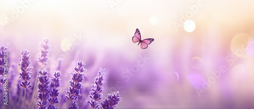 Morning panaromic view of flying butterfly over a blooming  lavender. photo
