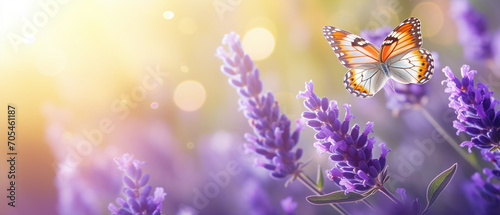 Morning panaromic view of flying butterfly over a blooming lavender.