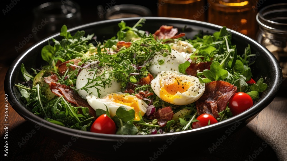 Vosges Salad vinaigrette, meat salad, bacon, eggs, croutons, lettuce, salad dressing Vosges Salad vinaigrette, meat salad, bacon, eggs, croutons, lettuce, salad dressing