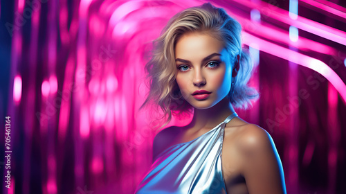Elegant Woman Posing in a Vibrant Neon-Lit Corridor at Night