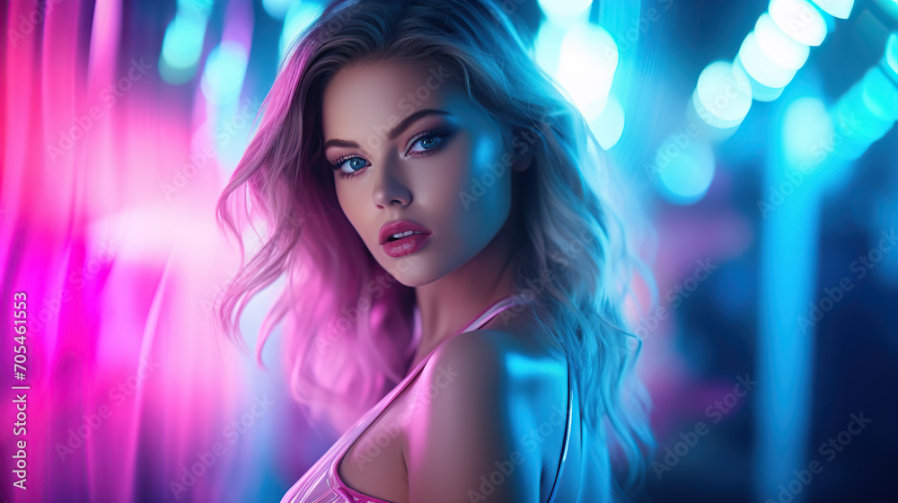 Woman Posing in a Vibrant Neon-Lit Corridor at Night Woman Posing in a Vibrant Neon-Lit Corridor at Night