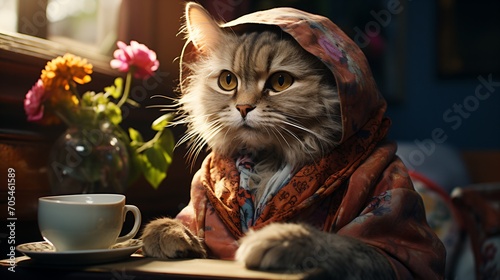 A cat wearing a floral bathrobe is sitting at a table and having afternoon tea photo