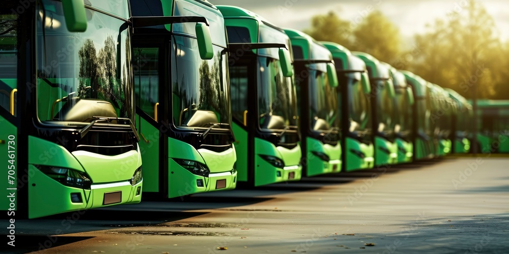 Green electric buses in a row. - obrazy, fototapety, plakaty 