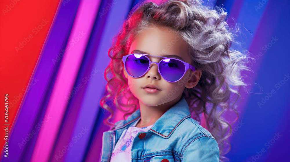 model with striking blond hair confidently poses against a dynamic backdrop of vivid neon pink and blue lights