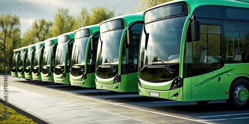 Green electric buses in a row.