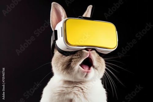 Rabbit amazed in a virtual reality gaming experience on solid background photo