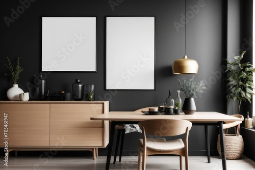 Scandinavian interior home design of modern dining room with wooden cabinet and shelves with empty mock poster frames on black wall