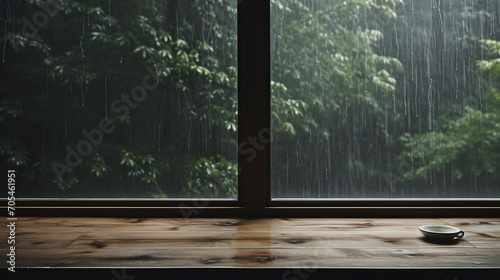 Empty wooden table for mockup with a background of forest on a rainy day.