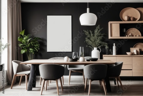 Scandinavian interior home design of modern dining room with wooden cabinet and shelves with empty mock poster frames on black wall