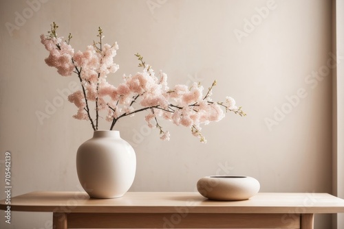 Interior home design of modern living room with blooming flowers in a ceramic vase on a wooden table in a room with copy space