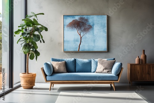 Blue living room interior with a tree painting