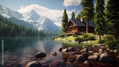 Wood cabin on the lake - log cabin surrounded by trees, mountains, and water in natural landscapes photo