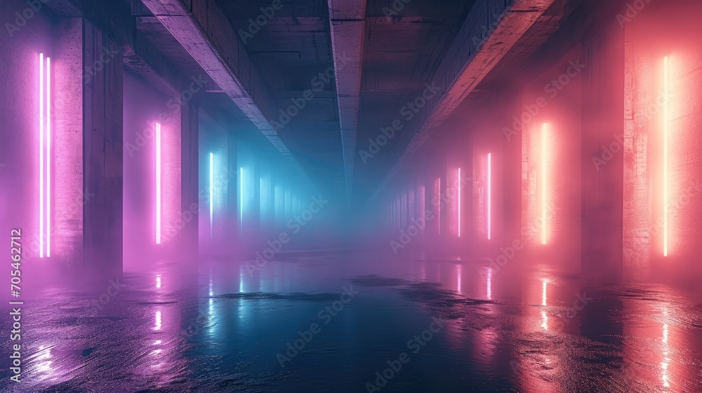 Empty concrete room with fog, Pink and blue lights. Generative AI. Empty concrete room with fog, Pink and blue lights. Generative AI.