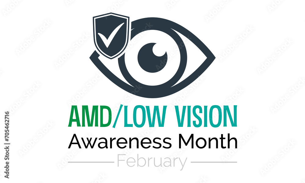 Obraz premium Amd/low vision awareness month observed every year in month of february. Vector health banner, poster, template design.
