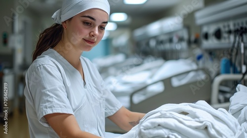 A nurse assistant preparing the linens on a hospital bed. Generative AI.