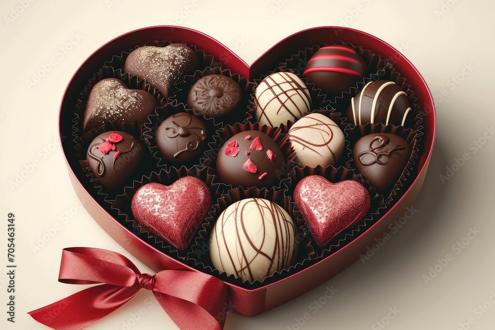 A vector illustration heart-shaped box filled with assorted chocolates. Generative AI. A vector illustration heart-shaped box filled with assorted chocolates. Generative AI.