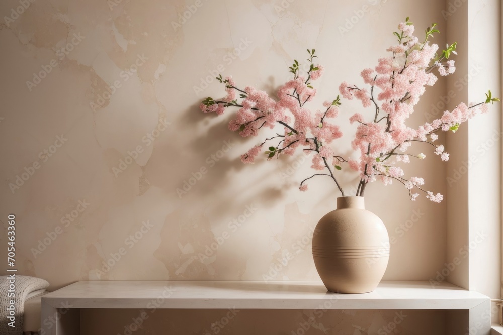 Interior home design of modern living room with twigs of blooming flowers in clay vase with copy space wall