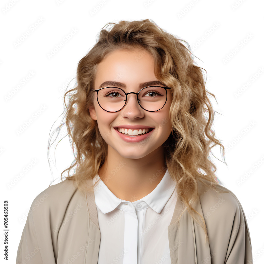 Blonde woman in glasses is smiling with happiness on transparent background PNG