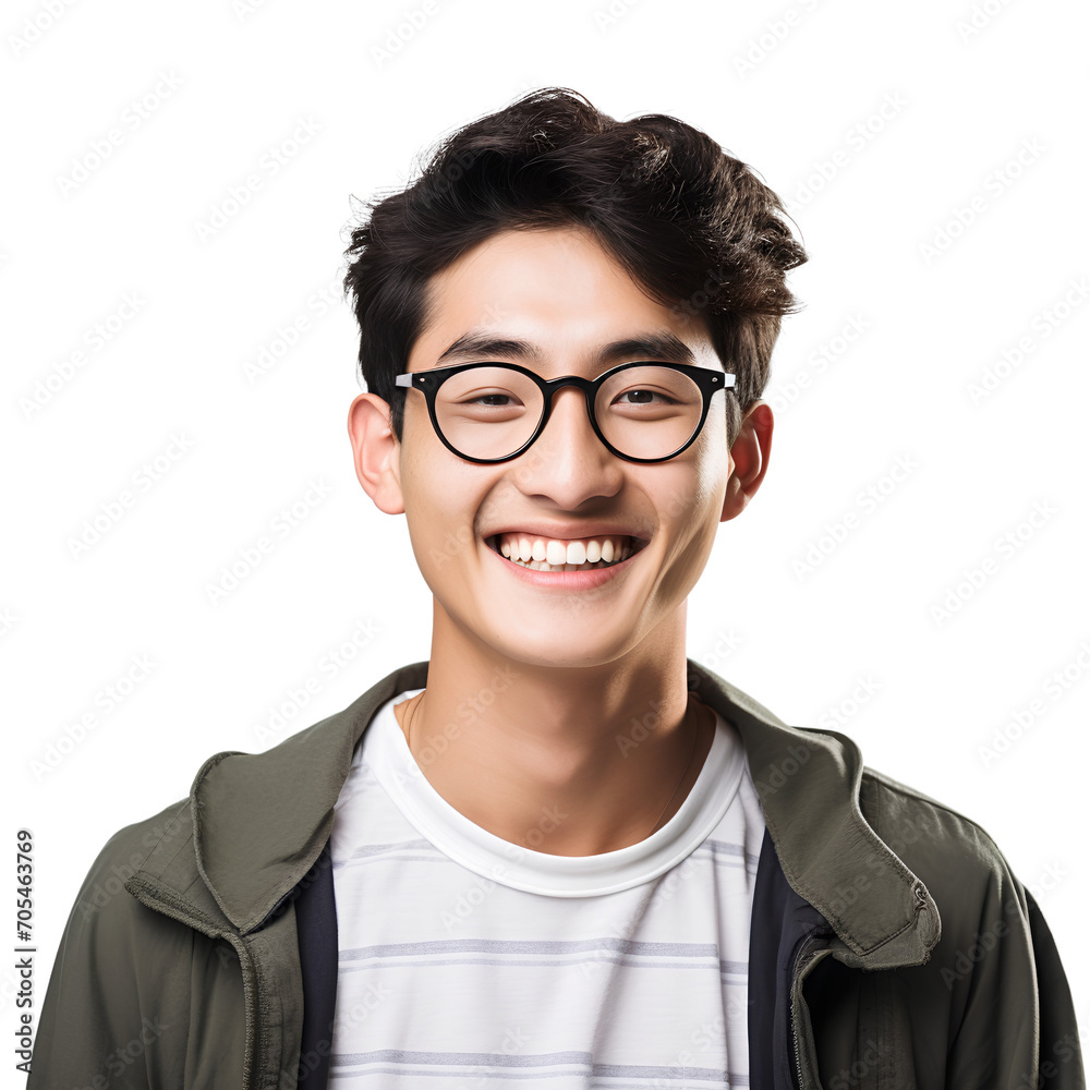 Asian male university student with glasses smiling happily on PNG transparent background