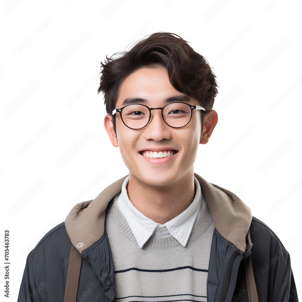 Asian male university student with glasses smiling happily on PNG transparent background