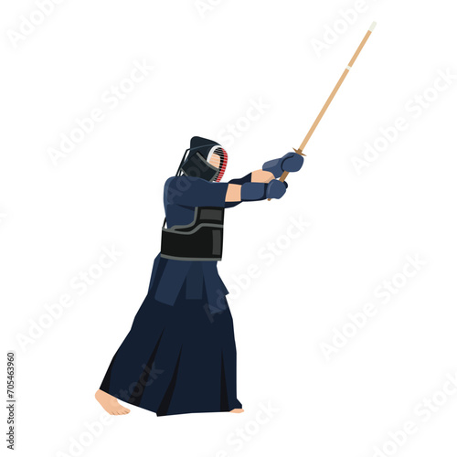 Kendo fighter with protective clothing and mask. Kendo sport martial discipline training. Traditional combat skill from Japan. Japanese culture. Flat vector illustration isolated on white background